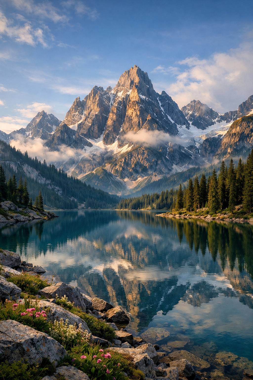 Mountain lake with reflection and rocky shore